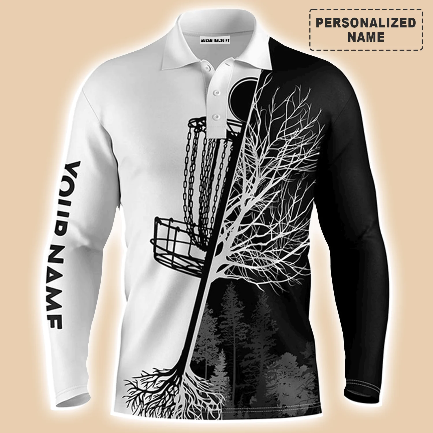 Men's Disc Golf Polo Shirts, Custom Name Black And White Disc Golf Basket Apparel - Personalized Gift For Men, Husband, Boyfriend, Lovers - Image 2