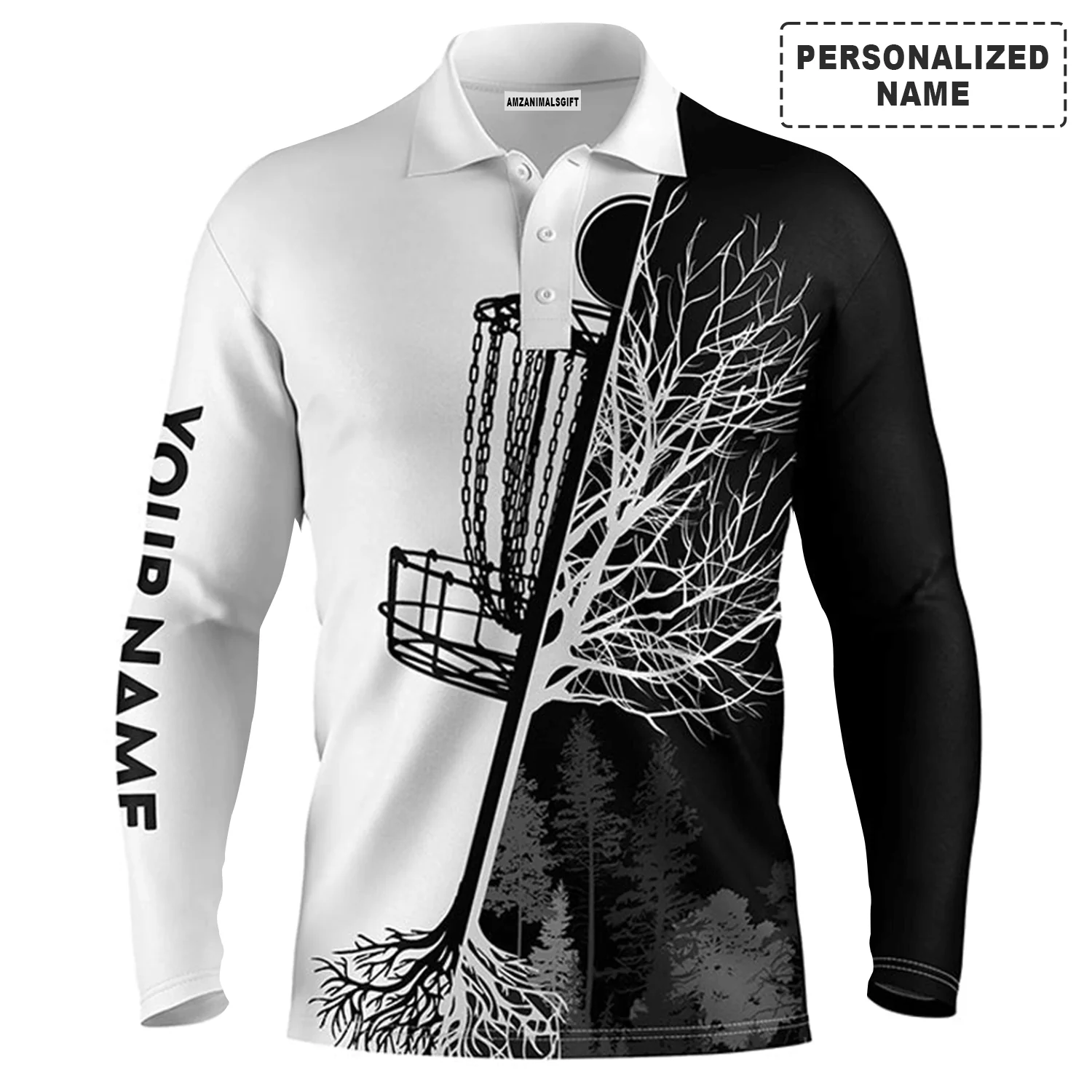 Men's Disc Golf Polo Shirts, Custom Name Black And White Disc Golf Basket Apparel - Personalized Gift For Men, Husband, Boyfriend, Lovers - Image 3