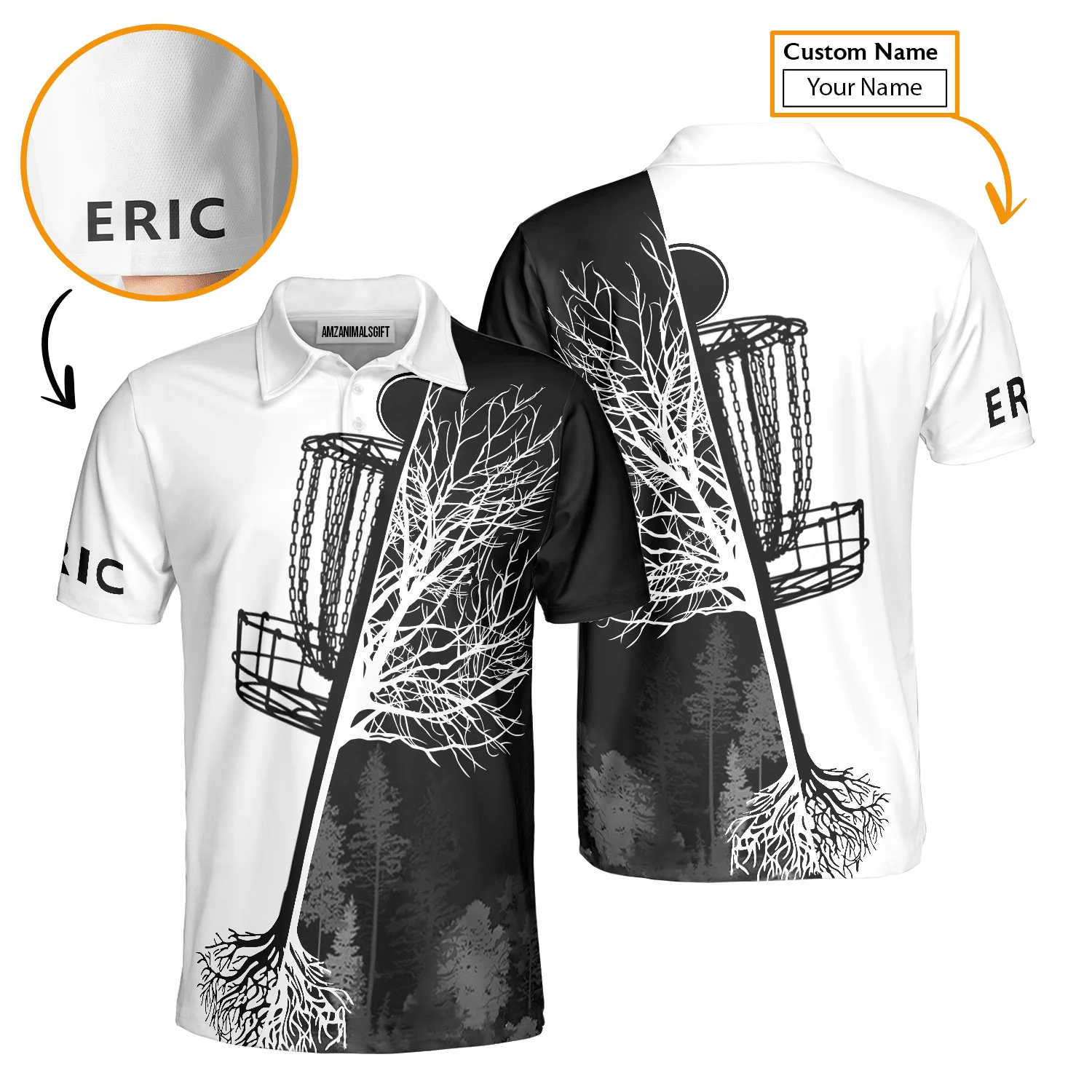 Men's Disc Golf Polo Shirts, Custom Name Black And White Disc Golf Basket Apparel - Personalized Gift For Men, Husband, Boyfriend, Lovers - Image 4