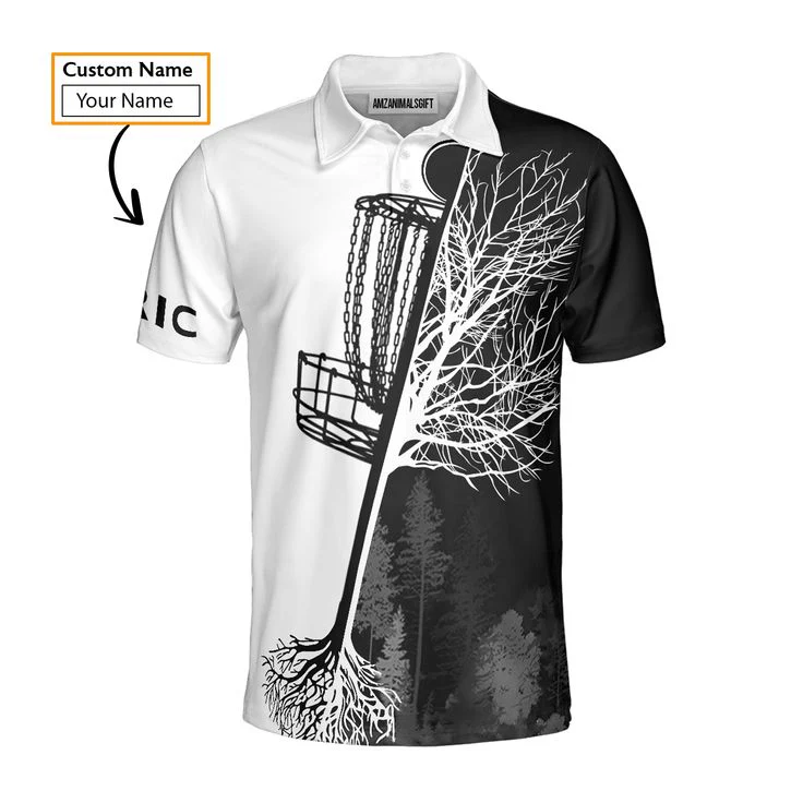 Men's Disc Golf Polo Shirts, Custom Name Black And White Disc Golf Basket Apparel - Personalized Gift For Men, Husband, Boyfriend, Lovers - Image 6