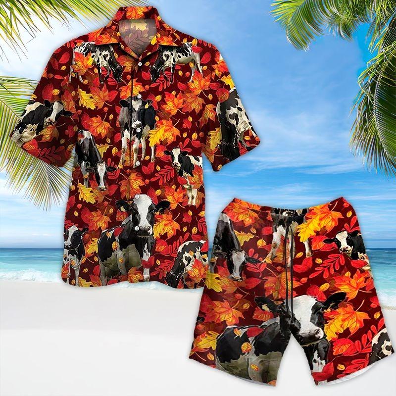 Milk Cow Aloha Hawaiian Shirt - Autumn Leaf Pattern Hawaiian Shirt, Holstein Milk Cow Hawaiian Shirt For Men & Women, Cow Lover