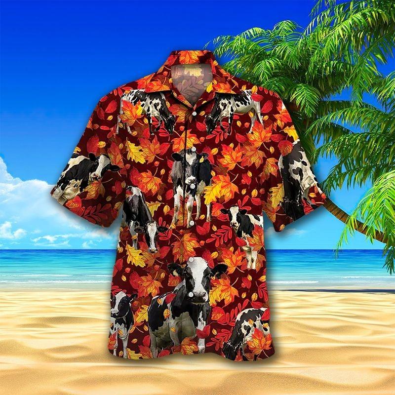 Milk Cow Aloha Hawaiian Shirt - Autumn Leaf Pattern Hawaiian Shirt, Holstein Milk Cow Hawaiian Shirt For Men & Women, Cow Lover - Image 3