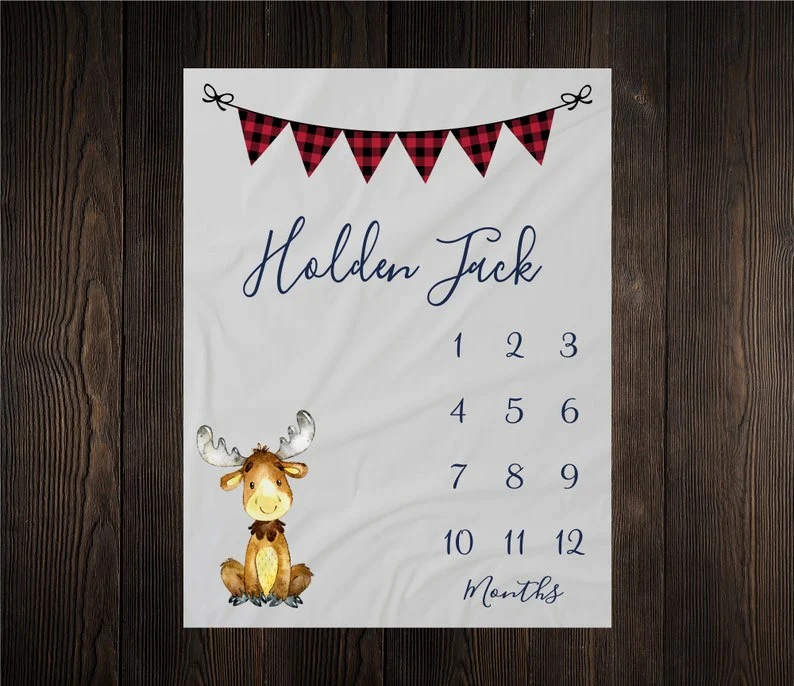Moose Baby Milestone Blanket With Customized Name For Baby Boy Nursery, Son, Grandson, Month Gifts