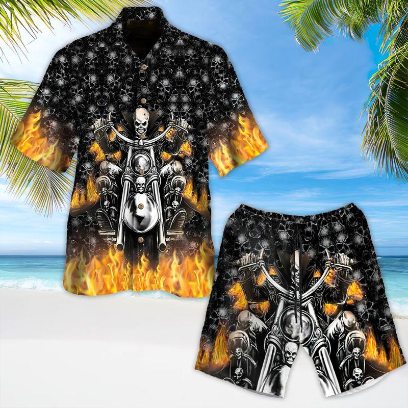 Motorcycle Aloha Hawaiian Shirts For Summer, Ghost Racer Skull Fire Pattern Skeleton Hawaiian Set For Men Women, Gift For Racing Motorcycle Lovers