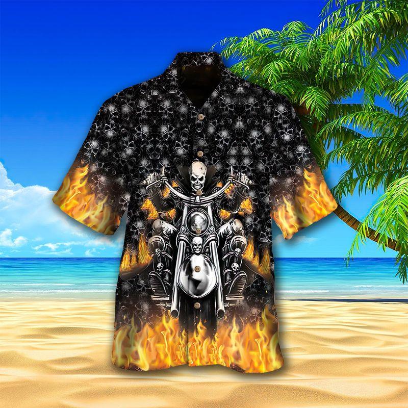 Motorcycle Aloha Hawaiian Shirts For Summer, Skull On Fire Skull Pattern Hawaiian Set For Men Women, Gift For Speed Lovers, Racing Motorcycle Lovers - Image 2