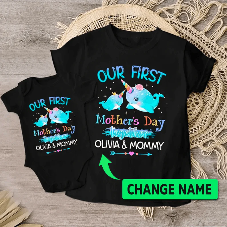 Narwhale & Arrow Baby Onesies, Personalized Matching T-Shirt & Baby Onesie Our First Mother'S Day Custom Name, Newborn Onesies - Perfect Gift For Baby, Baby Gift Onesie