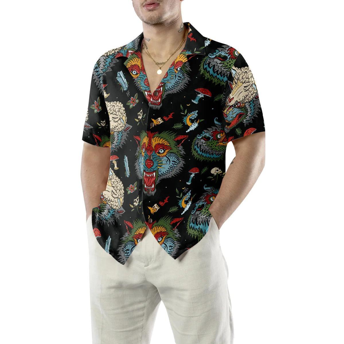 Old School Tattoo Art Wolf Hawaiian Shirt - Perfect Gift For Wolf Lovers, Husband, Boyfriend, Friend, Family - Image 5