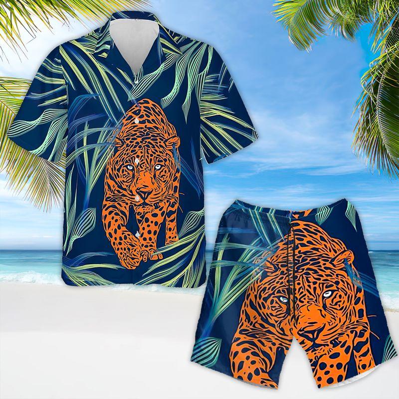 Orange Leopard Aloha Hawaiian Shirts For Summer, Tropical Leaf Pattern Wildlife Animal Hawaiian Set For Men Women, Gift For Leopard Lovers, Friend