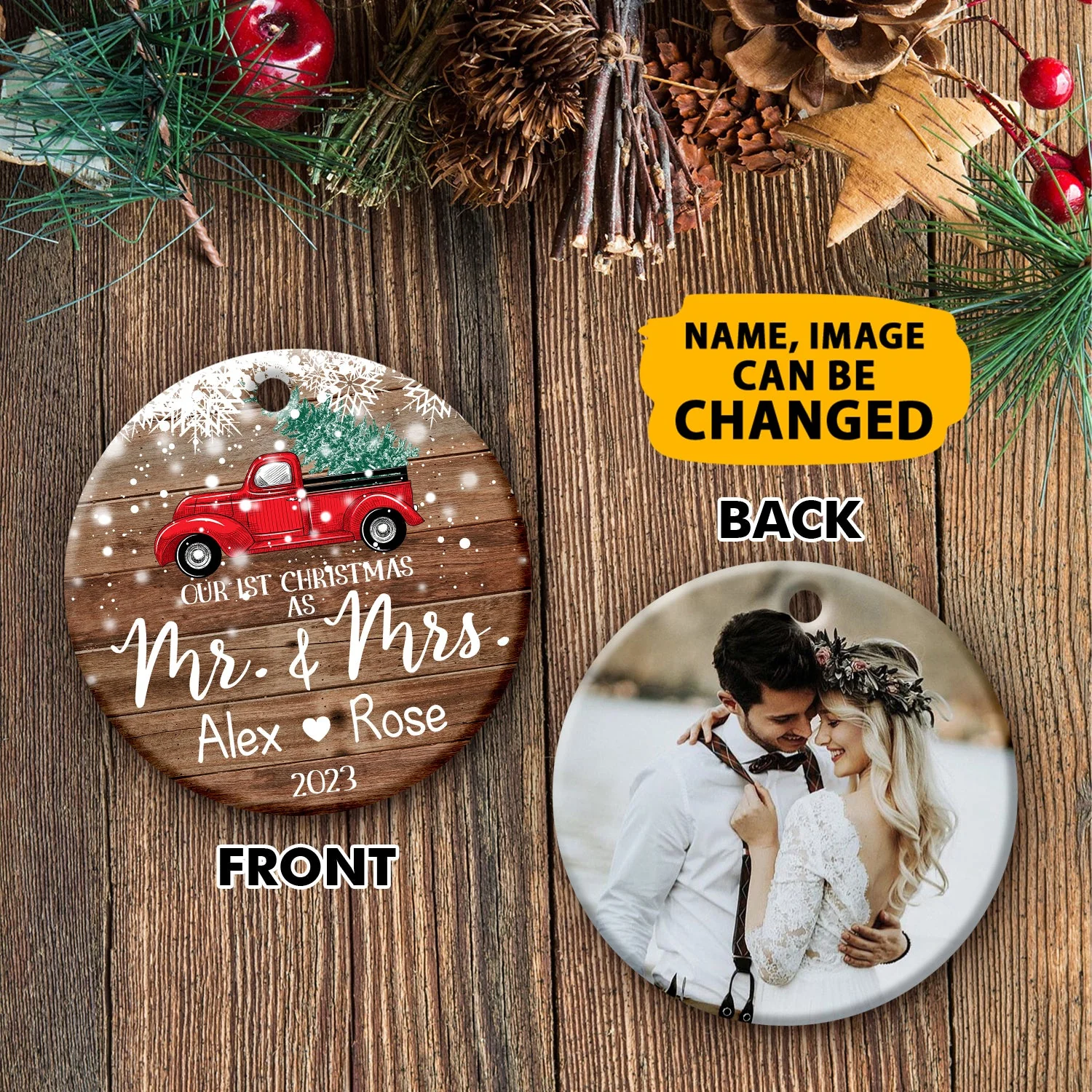 Our 1st Christmas Ornaments Customized Name And Photo Double Sided Printed Ceramic Circle Ornament For New Married Couple - Image 4