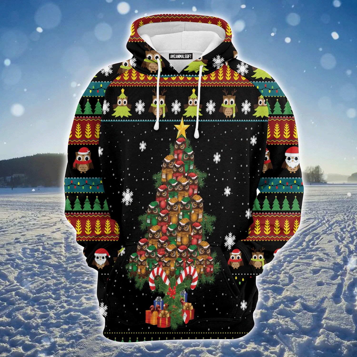 Owl Premium Christmas Hoodie, Owl Christmas Tree Christmas Unisex Hoodie For Men & Women - Perfect Gift For Christmas, Owl Lovers - Image 2