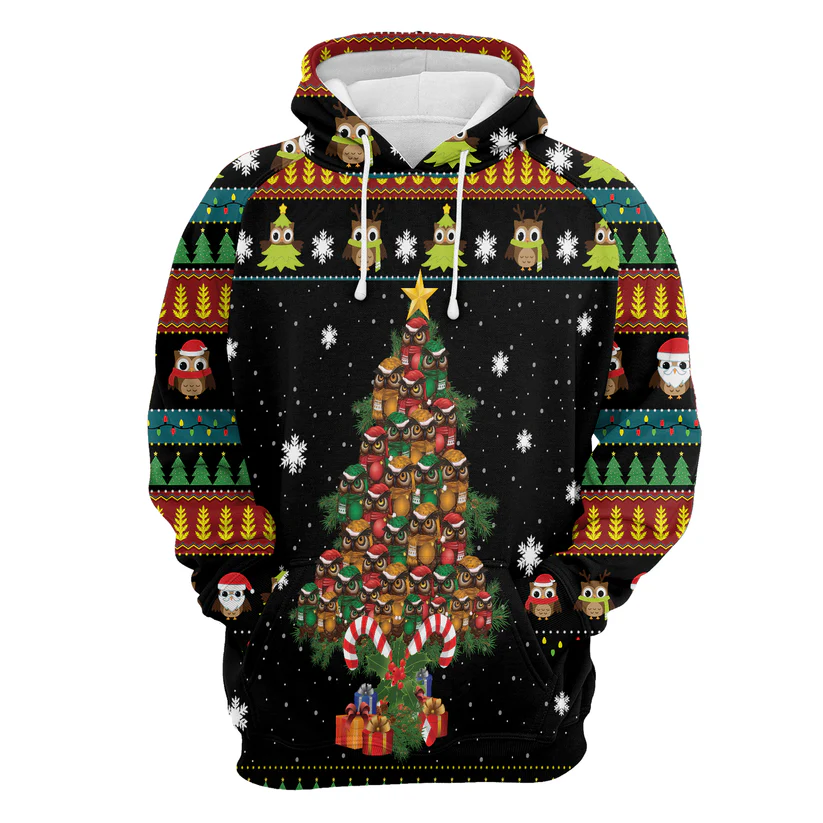 Owl Premium Christmas Hoodie, Owl Christmas Tree Christmas Unisex Hoodie For Men & Women - Perfect Gift For Christmas, Owl Lovers - Image 3