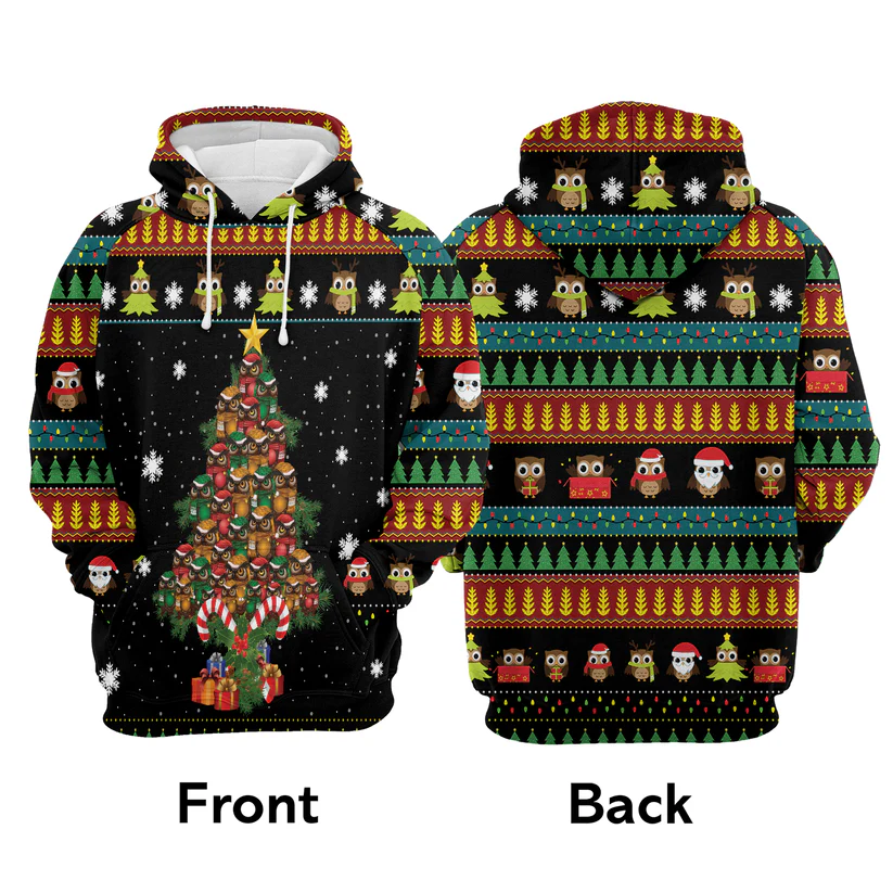 Owl Premium Christmas Hoodie, Owl Christmas Tree Christmas Unisex Hoodie For Men & Women - Perfect Gift For Christmas, Owl Lovers - Image 4