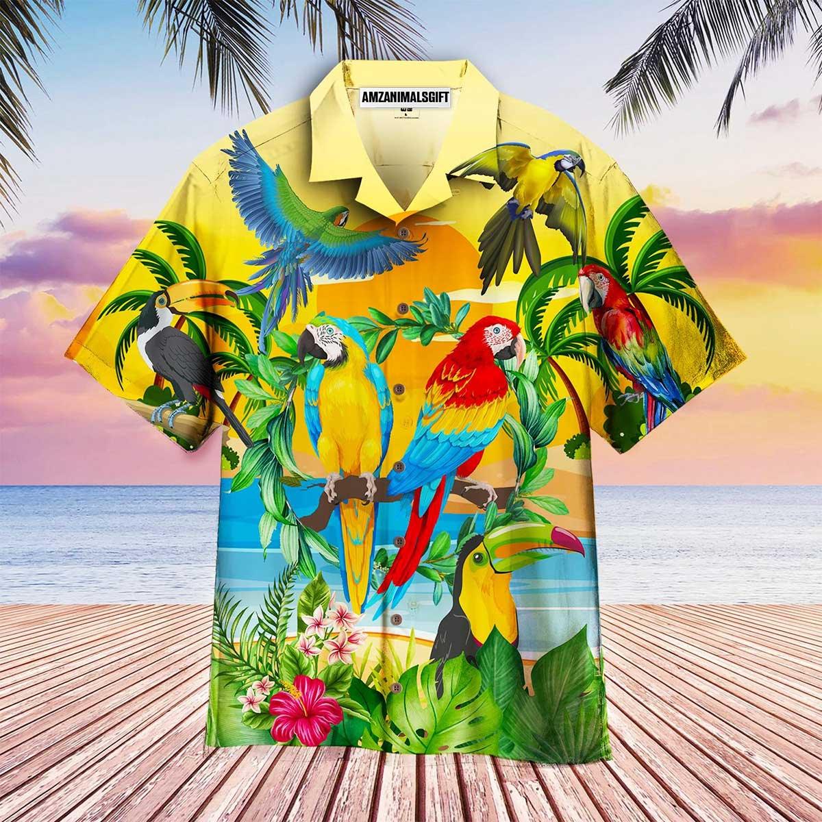 Parrot Aloha Hawaiian Shirt - Tropical Flowers Hawaiian Shirt, Parrots By The Beach Hawaiian Shirt - Perfect For Men & Women, Parrot Lover