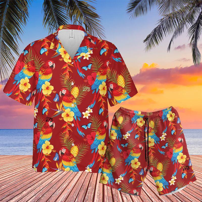 Parrot Aloha Hawaiian Shirts For Summer - Colorful Leaves Pattern Hawaiian Set Holiday Outfits For Men Women - Gift For Friend, Family, Parrot Lovers