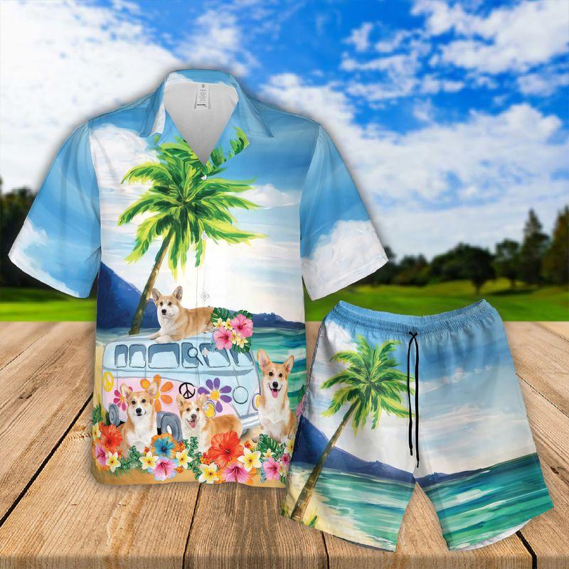 Pembroke Welsh Corgi Aloha Hawaiian Shirts For Summer, Cute Corgi Dog Tropical Floral Hawaiian Set For Men Women, Gift For Dog Lovers, Dog Mom Dad