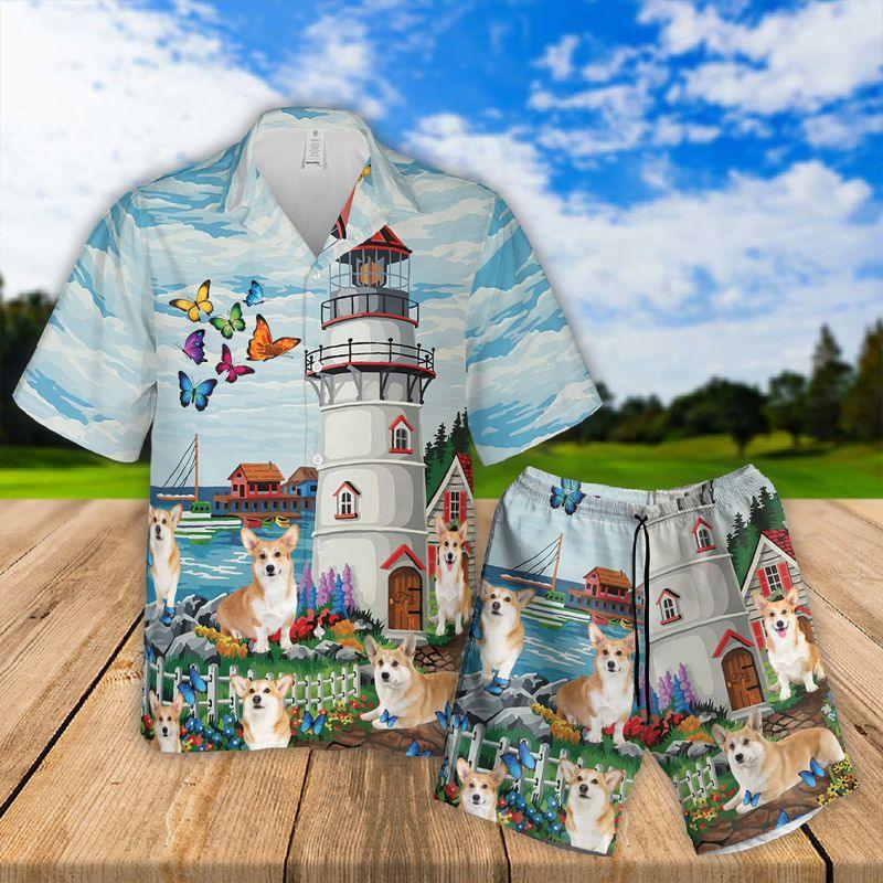 Pembroke Welsh Corgi Aloha Hawaiian Shirts For Summer, Lighthouse Peaceful Beach Art Theme Hawaiian Set For Men Women, Gift For Dog Lover, Dog Mom Dad