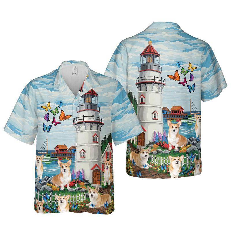 Pembroke Welsh Corgi Aloha Hawaiian Shirts For Summer, Lighthouse Peaceful Beach Art Theme Hawaiian Set For Men Women, Gift For Dog Lover, Dog Mom Dad - Image 5