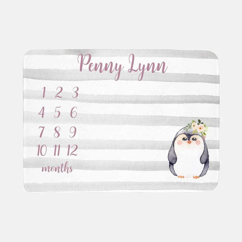 Penguin Floral Baby Milestone Blanket With Customized Name For Baby Girl Nursery, Daughter, Granddaughter, Month Gifts