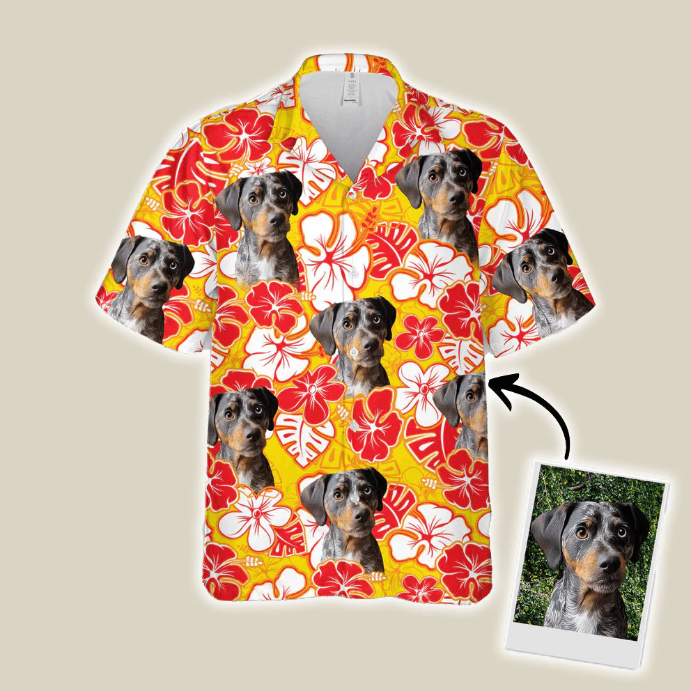 Persionalized Hawaiian Shirts With Pet Face - Leaves Flowers Pattern Yellow Color Aloha Shirts - Personalized Dog Face Hawaiian Shirts For Men Women - Image 2