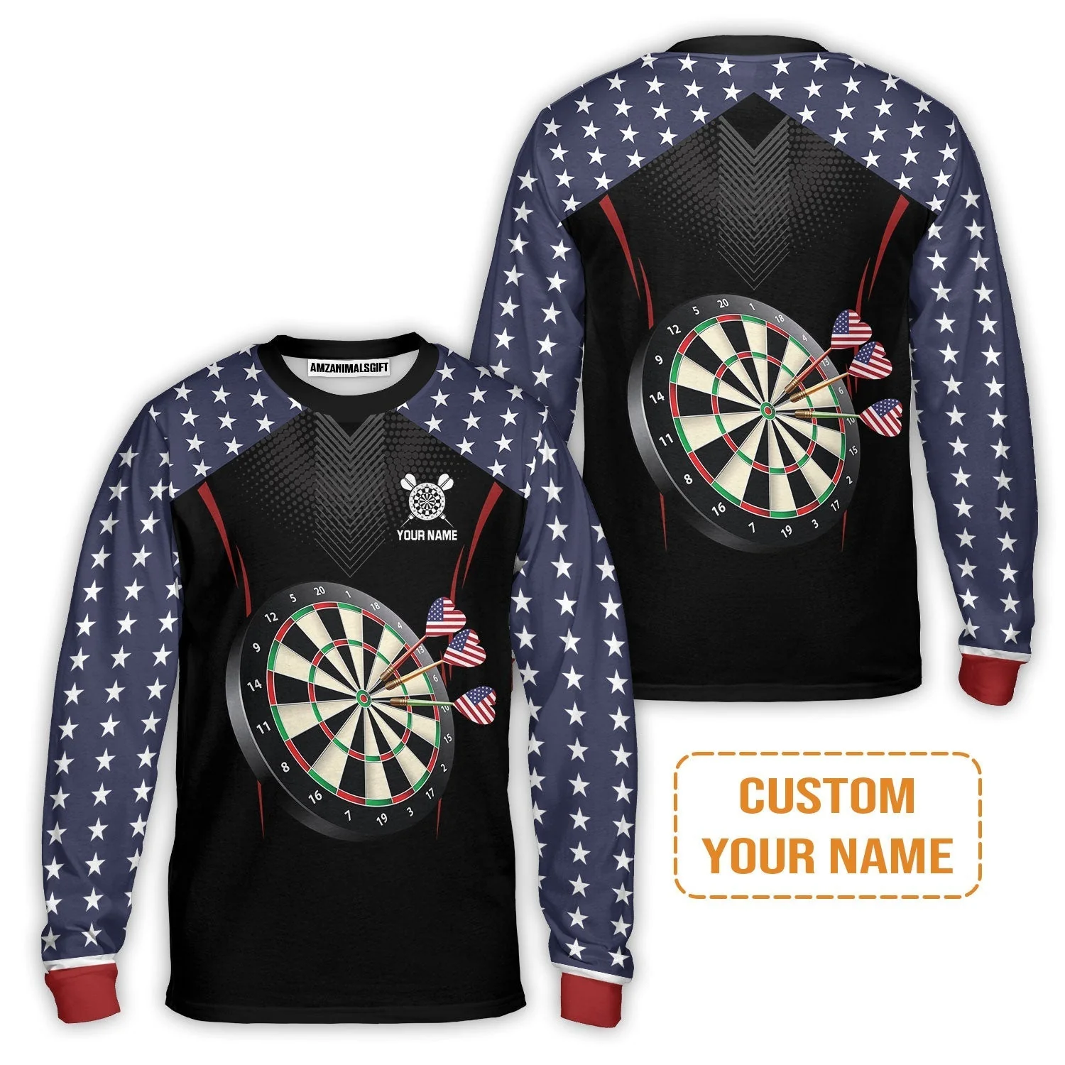 Personalised Darts Long Sleeve Shirt, Darts American Flag Black Background Custom Name Long Sleeve Shirt - Perfect Gift For Men, Darts Player, Darts Lover - Image 2
