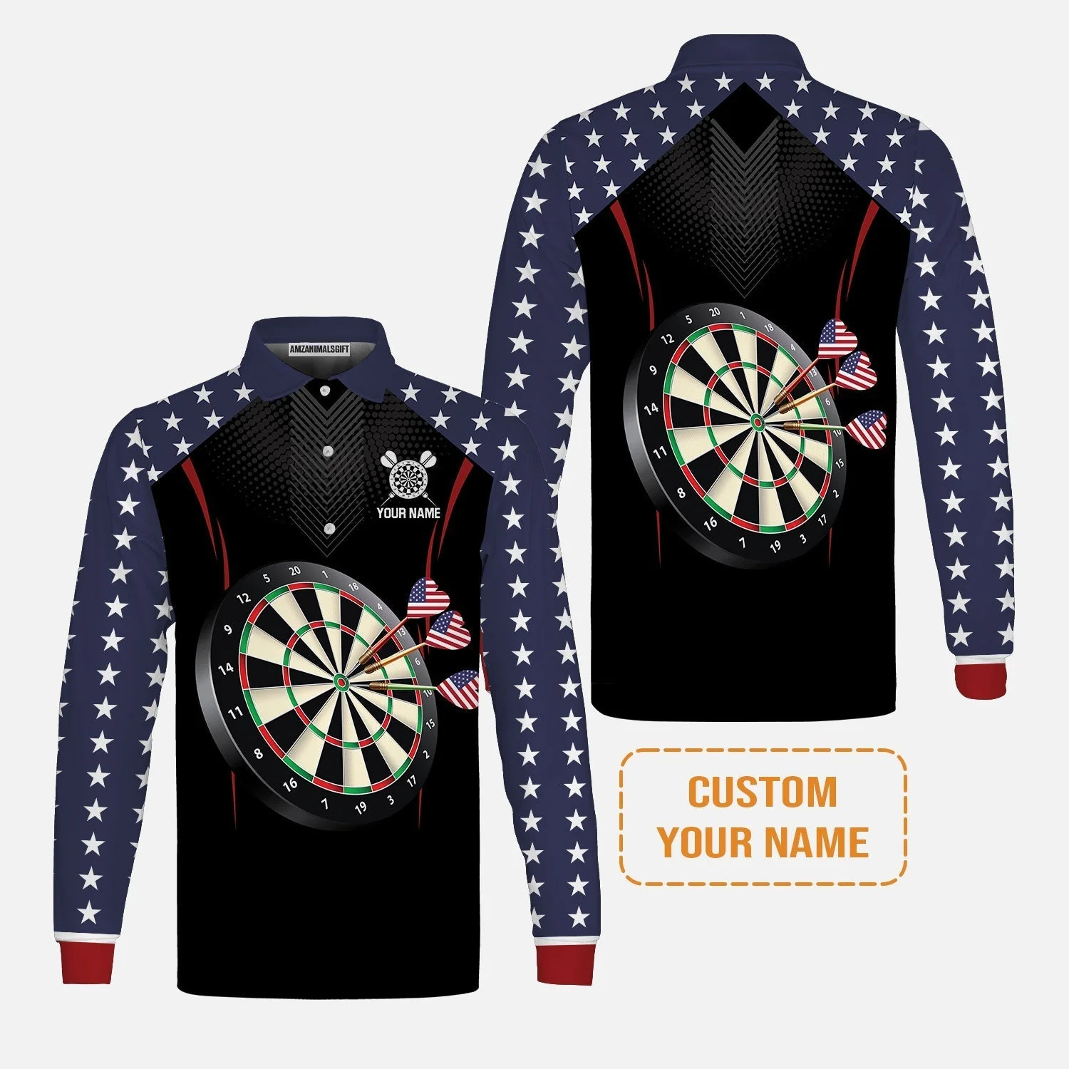 Personalised Darts Long Sleeve Shirt, Darts American Flag Black Background Custom Name Long Sleeve Shirt - Perfect Gift For Men, Darts Player, Darts Lover - Image 4
