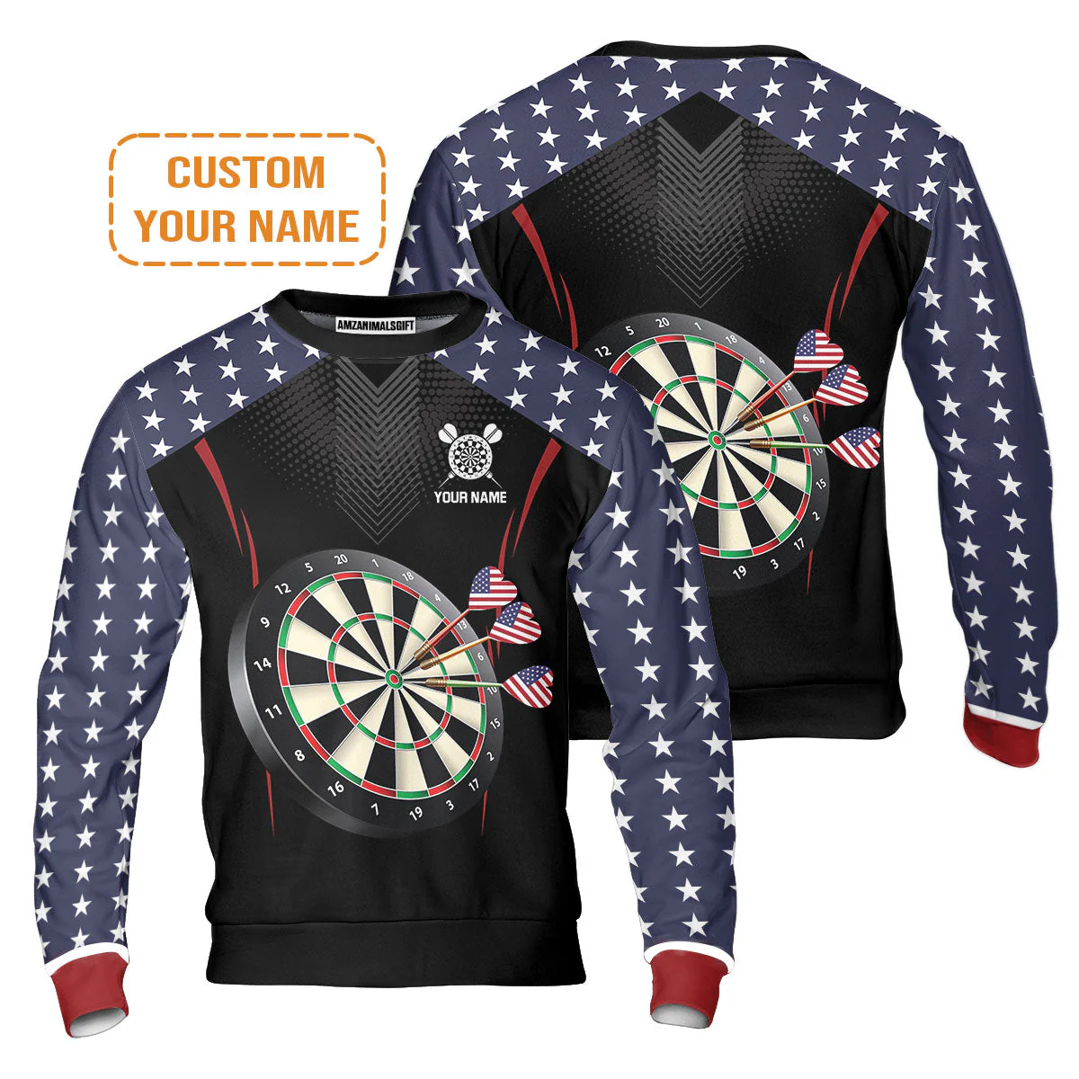 Personalised Darts Long Sleeve Shirt, Darts American Flag Black Background Custom Name Long Sleeve Shirt - Perfect Gift For Men, Darts Player, Darts Lover - Image 7