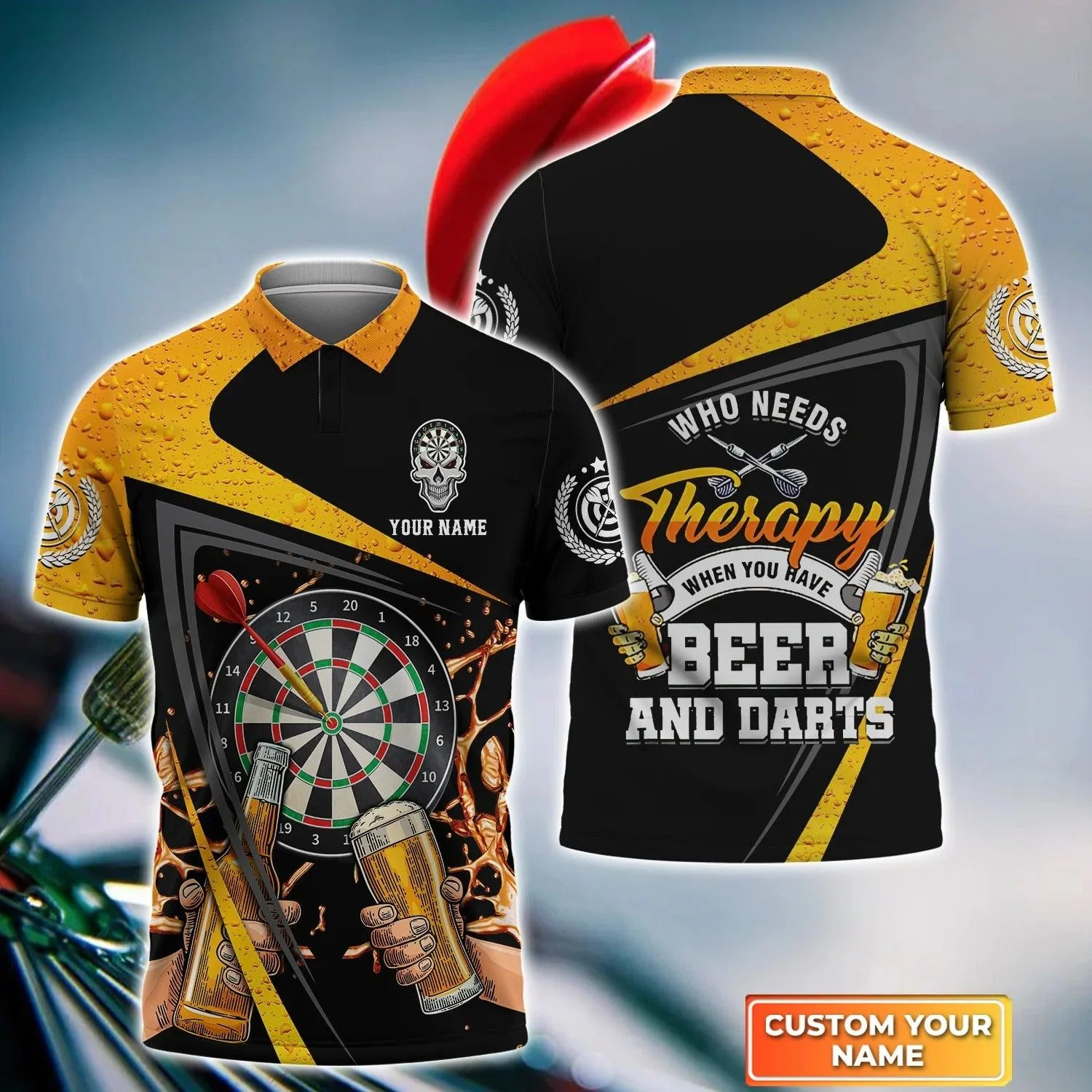 Personalised Darts Polo Shirts, Beer And Darts Who Needs Therapy Custom Name Men Polo Shirt - Perfect Gift For Men, Darts Player, Darts Lover