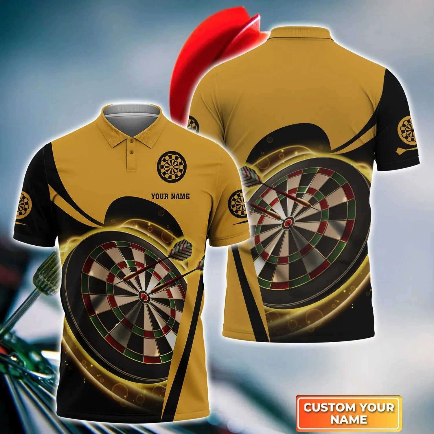 Personalised Darts Polo Shirts, Dartboards Black Yellow Background Light Custom Name Men Polo Shirt- Perfect Gift For Men, Darts Player, Darts Lovers