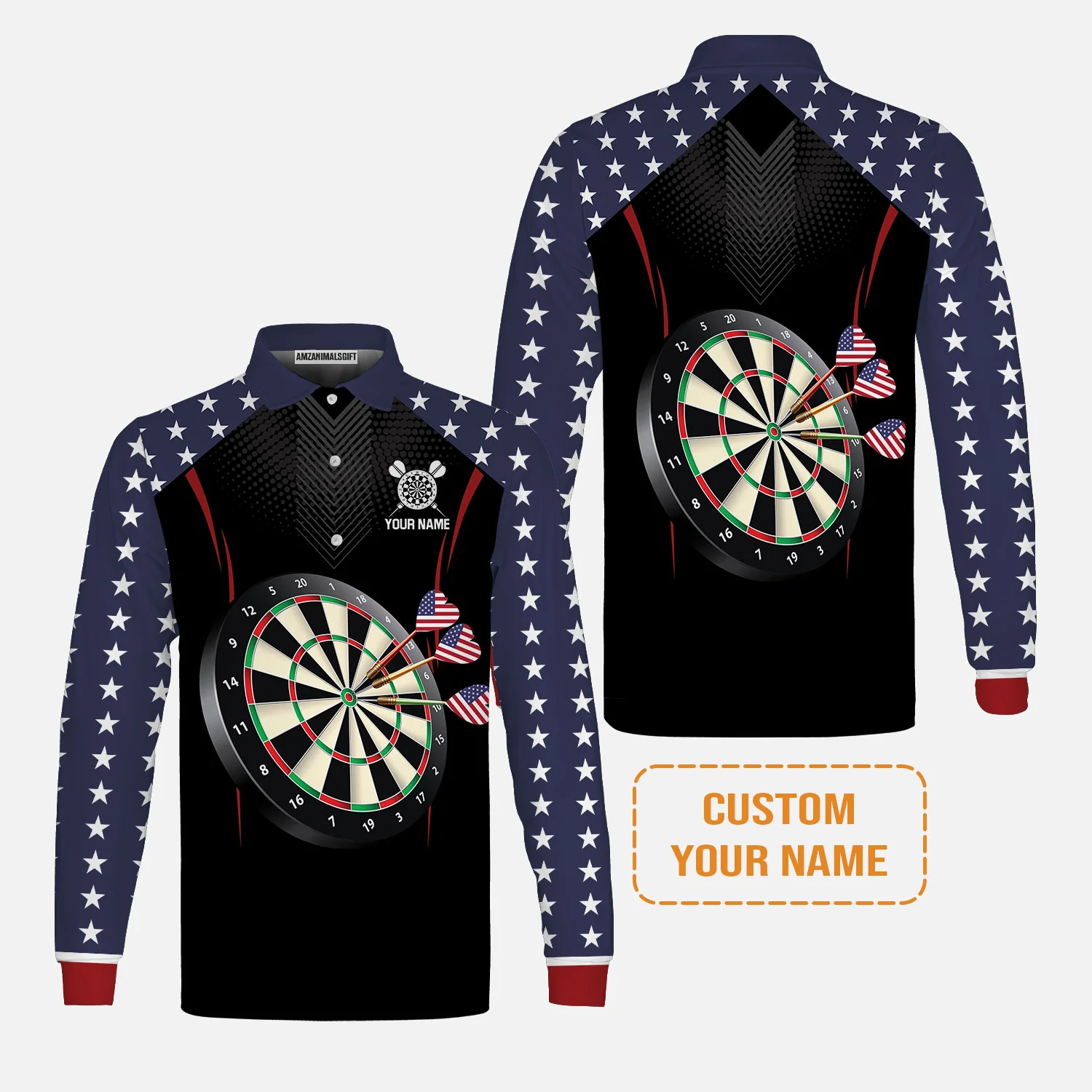 Personalised Darts Polo Shirts, Darts American Flag Black Background Custom Name Men Polo Shirts - Perfect Gift For Men, Darts Player, Darts Lover - Image 3