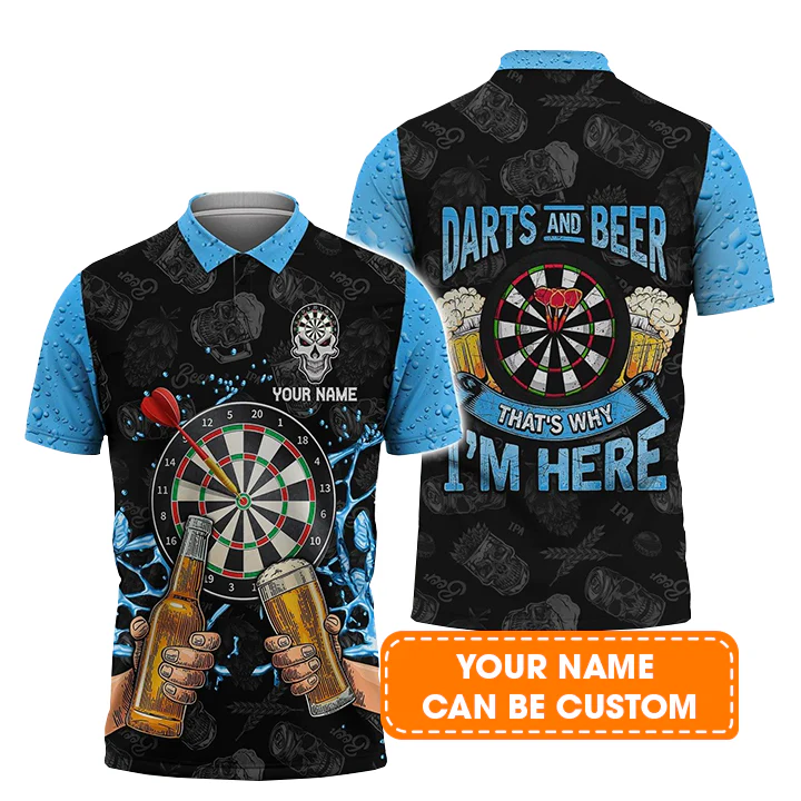 Personalised Darts Polo Shirts, Darts And Beer That's Why I'm Here Skull Background Custom Name Men Polo Shirts - Perfect Gift For Men, Darts Player - Image 2