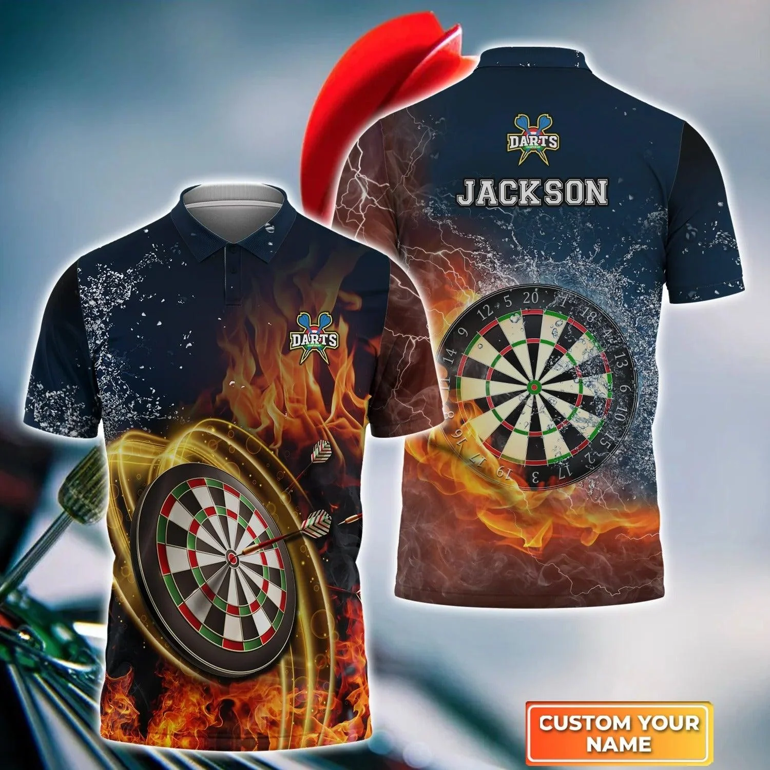 Personalised Darts Polo Shirts, Darts On Fire Polo Shirt, Water And Fire Custom Name Men Polo Shirts - Perfect Gift For Men, Darts Player, Dart Lovers
