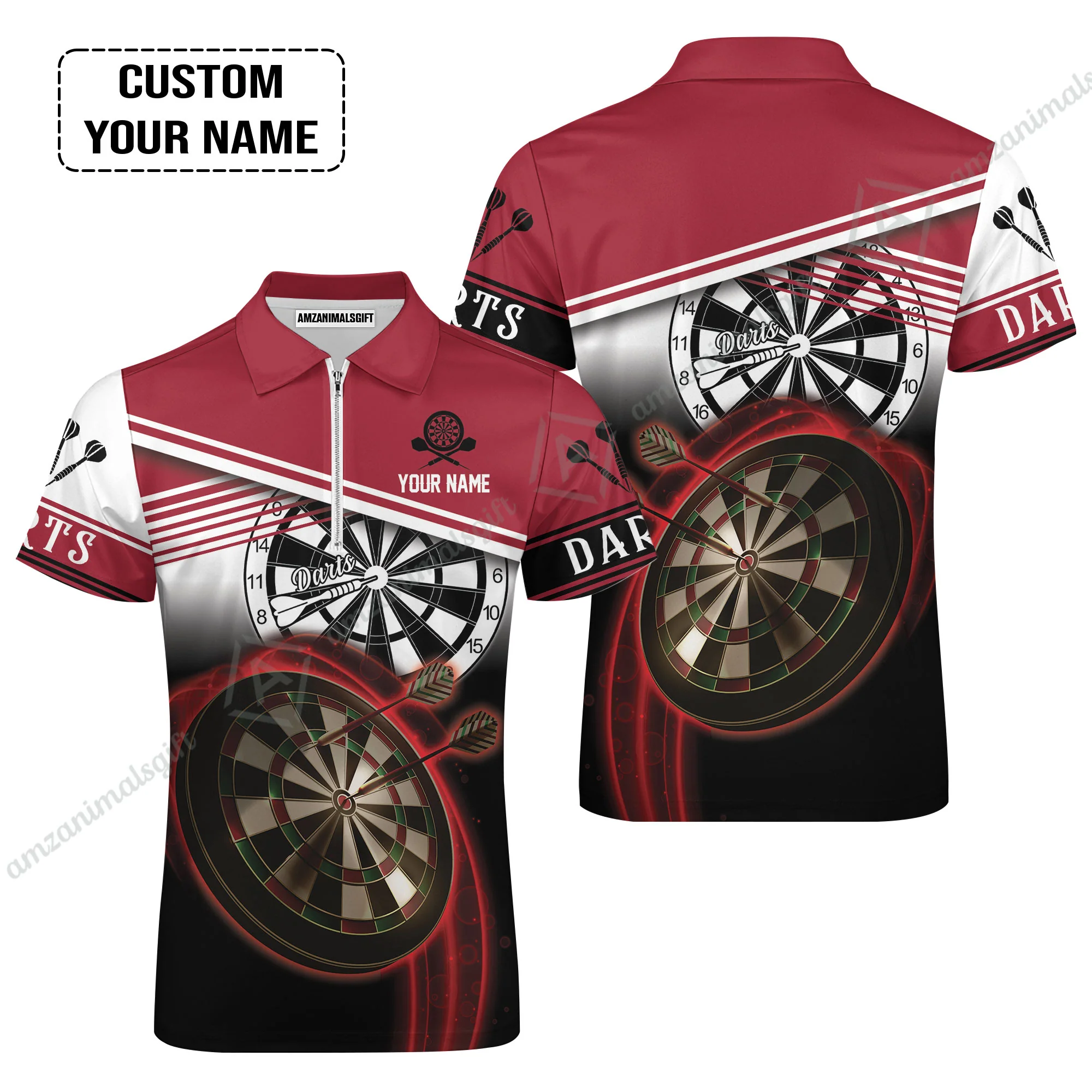 Personalised Darts Polo Shirts, Darts Red Black & White Background Custom Name Men Polo Shirts - Image 4