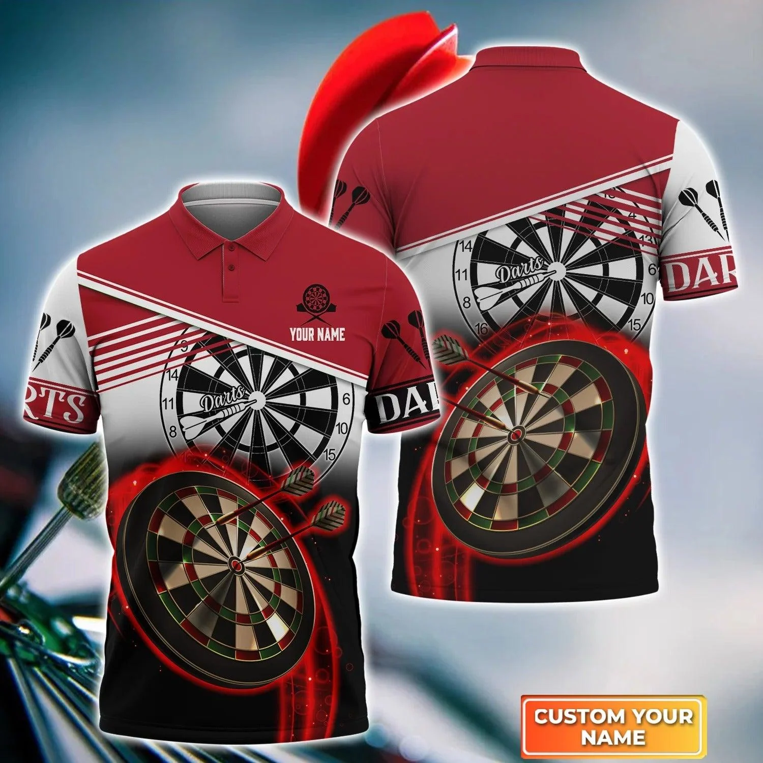 Personalised Darts Polo Shirts, Darts Red Black & White Background Custom Name Men Polo Shirts - Perfect Gift For Men, Darts Player, Dart Lovers