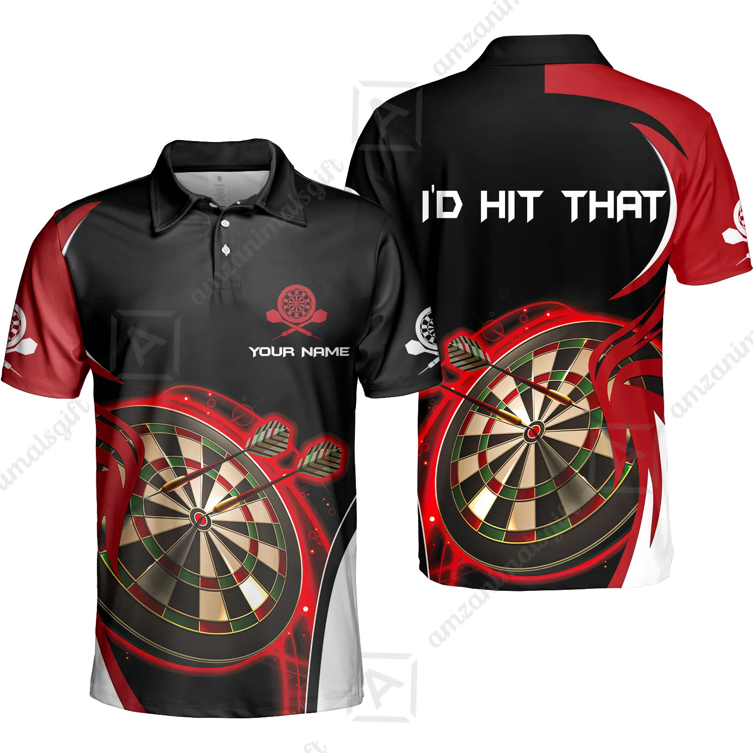 Personalised Darts Men Polo Shirts, I'D Hit That Darts Red Black Background Custom Name Polo Shirts