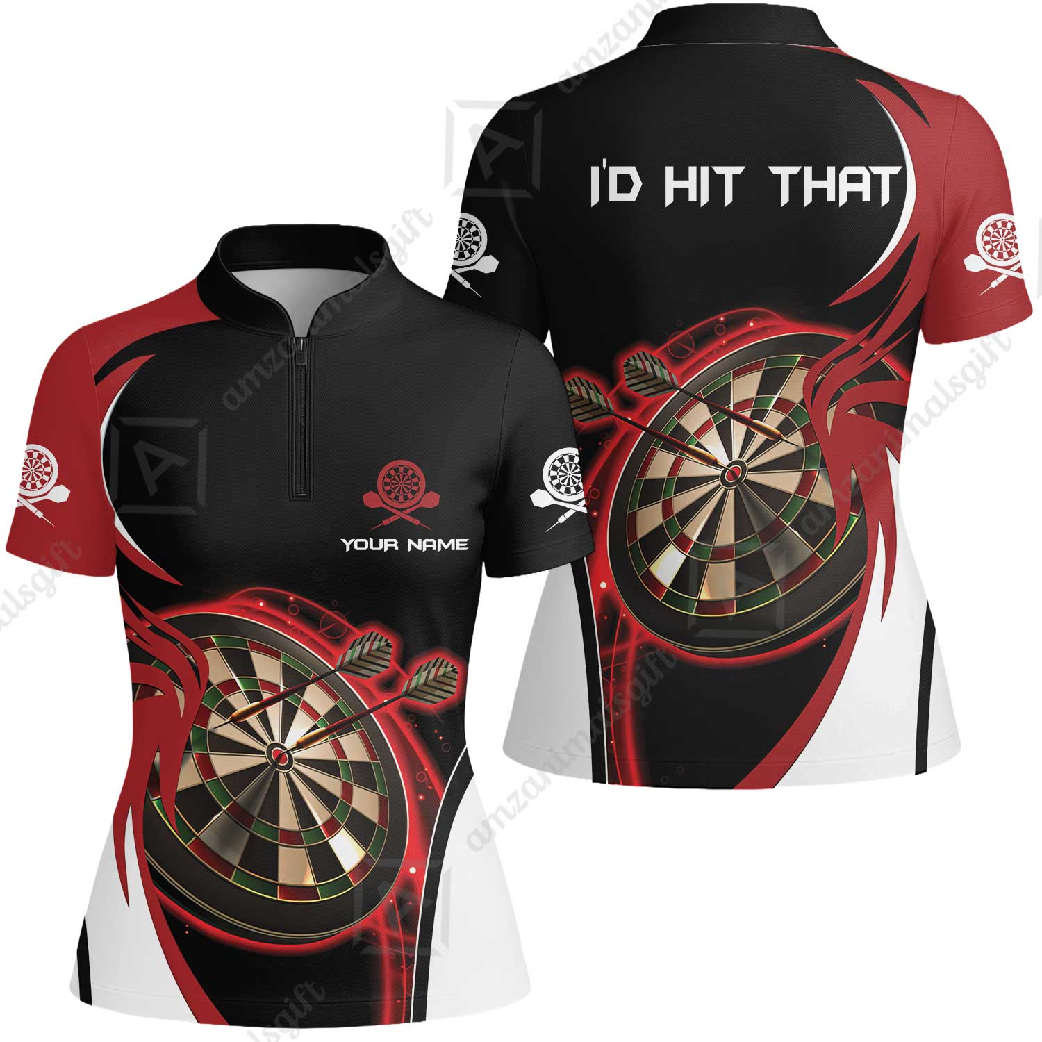 Personalised Darts Men Polo Shirts, I'D Hit That Darts Red Black Background Custom Name Polo Shirts - Image 12