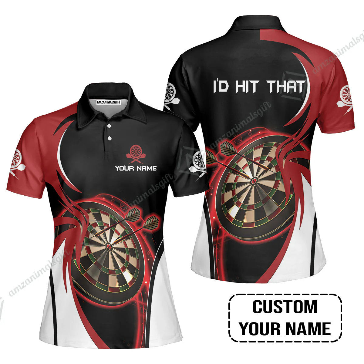 Personalised Darts Men Polo Shirts, I'D Hit That Darts Red Black Background Custom Name Polo Shirts - Image 2