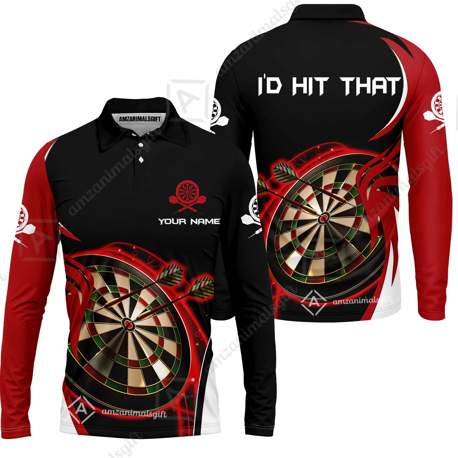 Personalised Darts Men Polo Shirts, I'D Hit That Darts Red Black Background Custom Name Polo Shirts - Image 6