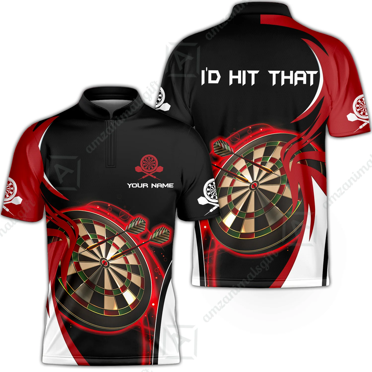 Personalised Darts Men Polo Shirts, I'D Hit That Darts Red Black Background Custom Name Polo Shirts - Image 7