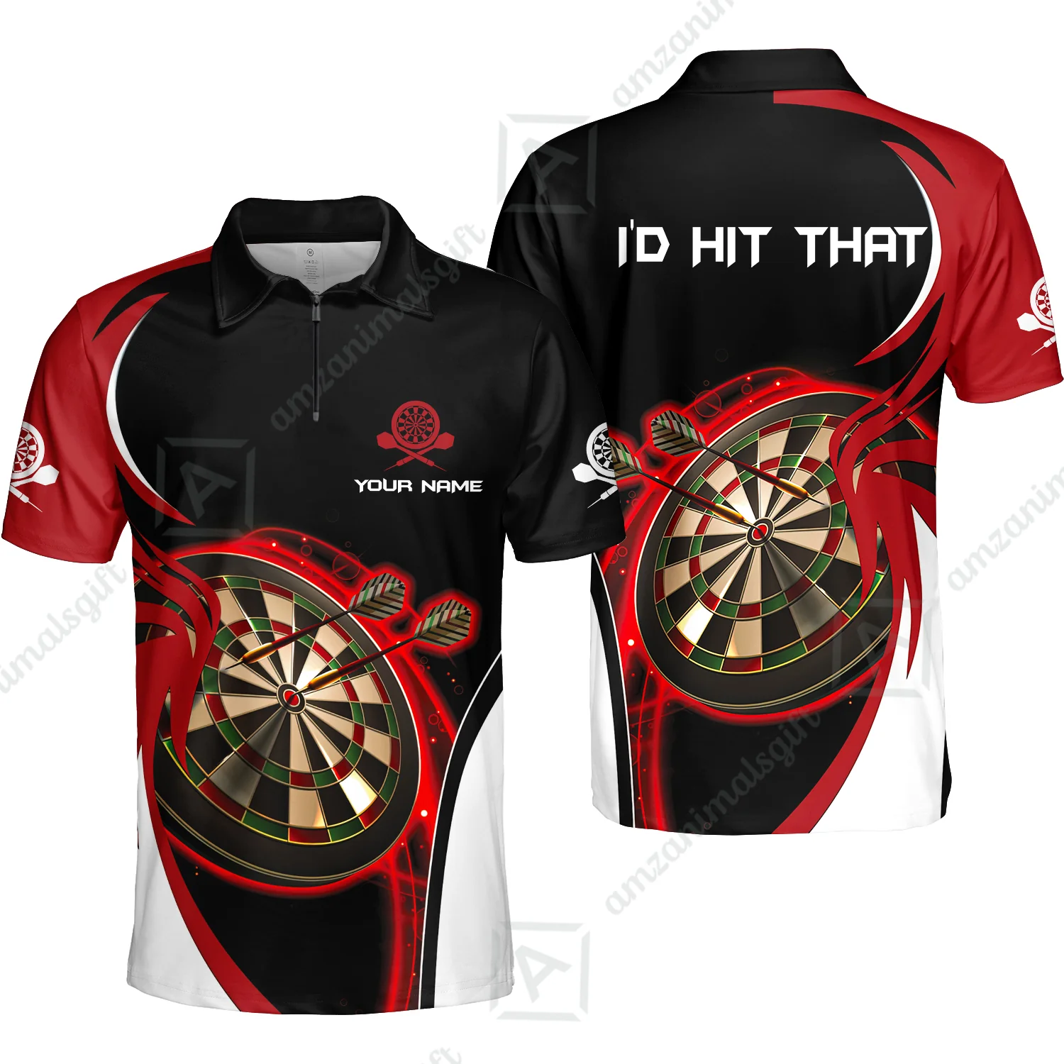 Personalised Darts Men Polo Shirts, I'D Hit That Darts Red Black Background Custom Name Polo Shirts - Image 8