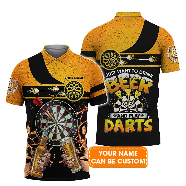 Personalised Darts Polo Shirts, Just Want To Drink Beer And Play Darts Custom Name Men Polo Shirts - Perfect Gift For Men, Darts Player, Dart Lovers - Image 2