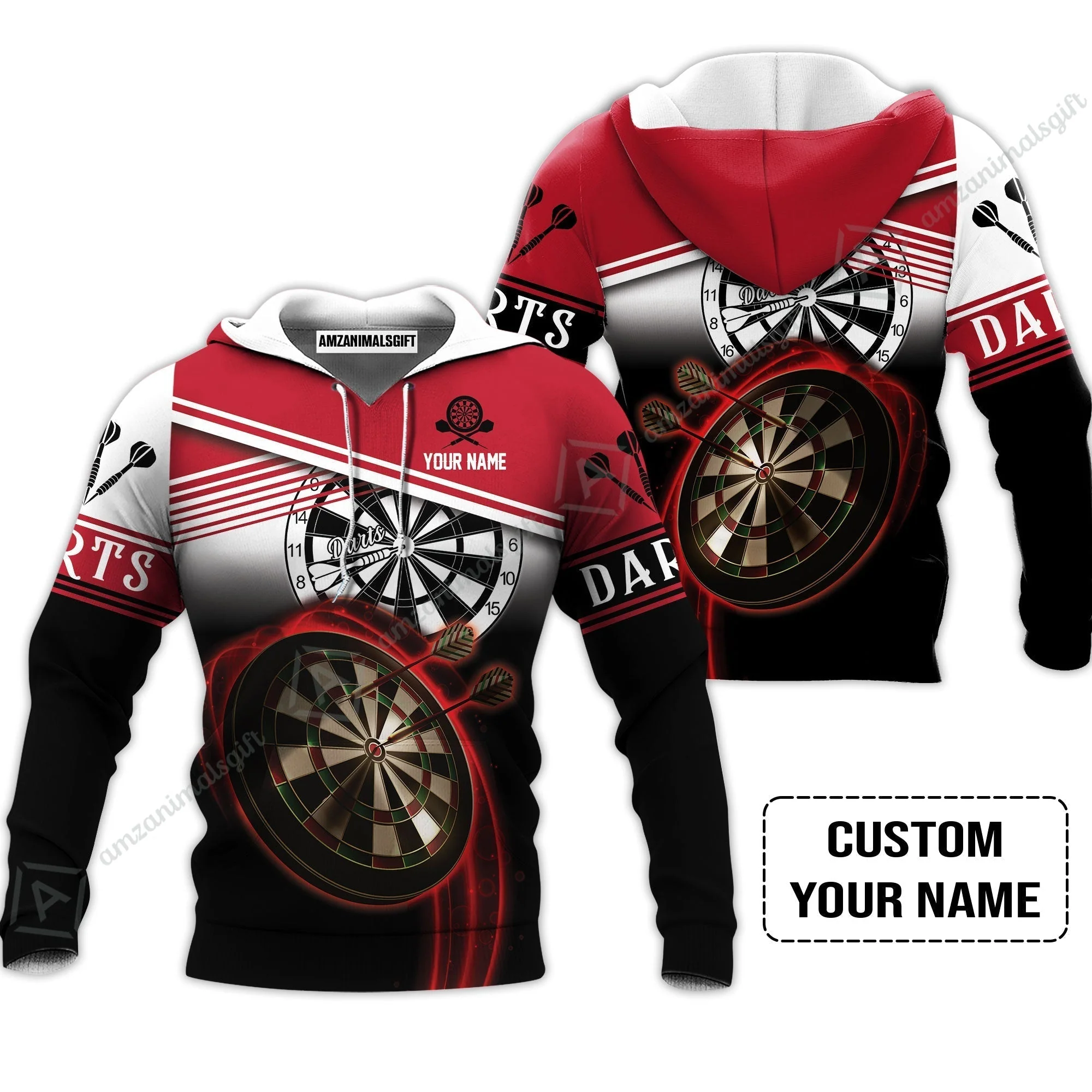 Personalised Darts Sweatshirt, Darts Red Black & White Background Custom Name Sweatshirt - Image 3