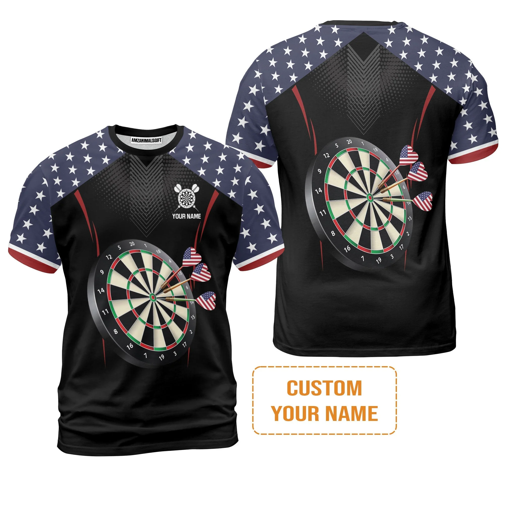 Personalised Darts T-Shirt, Darts American Flag Black Background Custom Name T-Shirt - Perfect Gift For Men, Darts Player, Darts Lover - Image 2