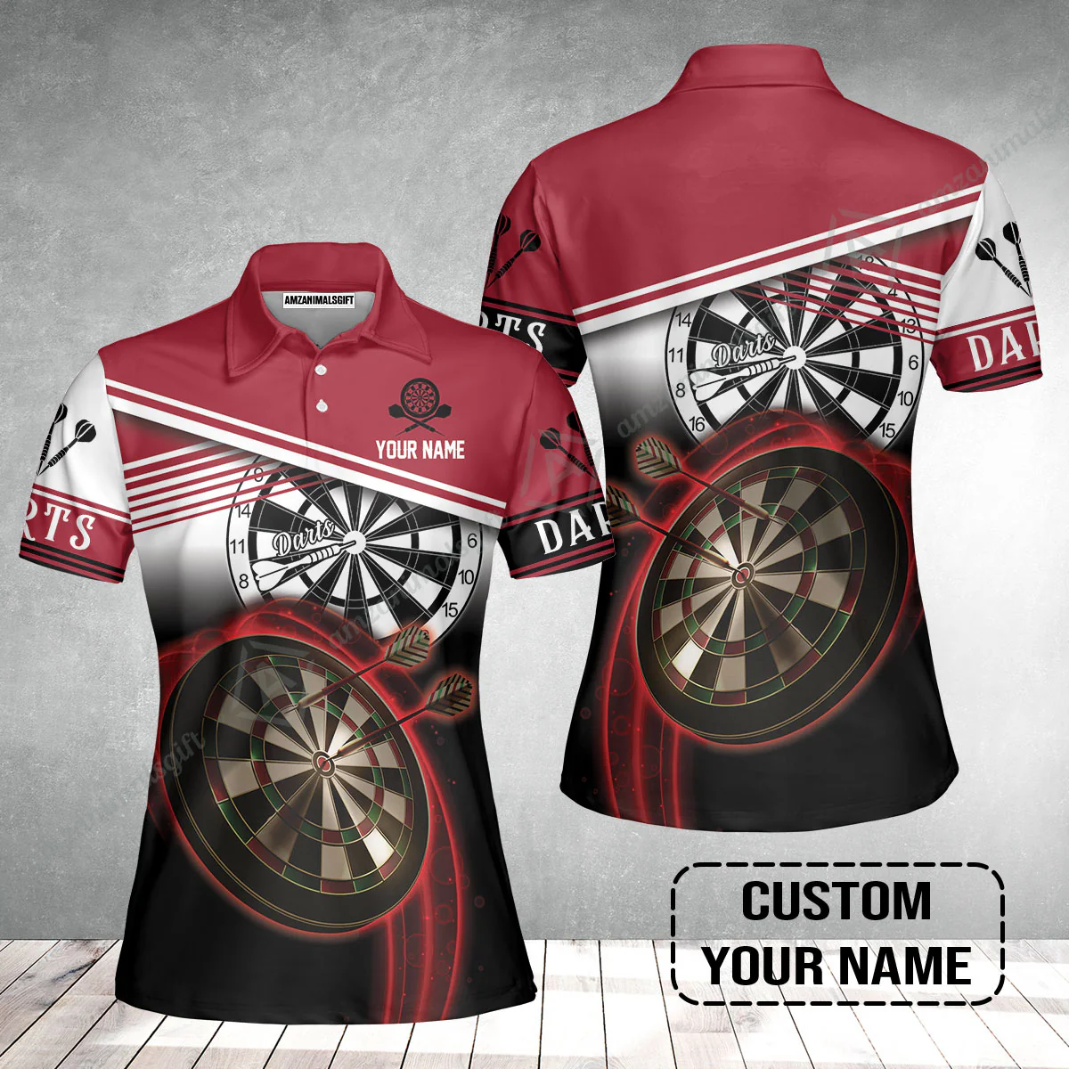 Personalised Darts Women Polo Shirt, Darts Red Black & White Background Custom Name Women Polo Shirt - Image 2