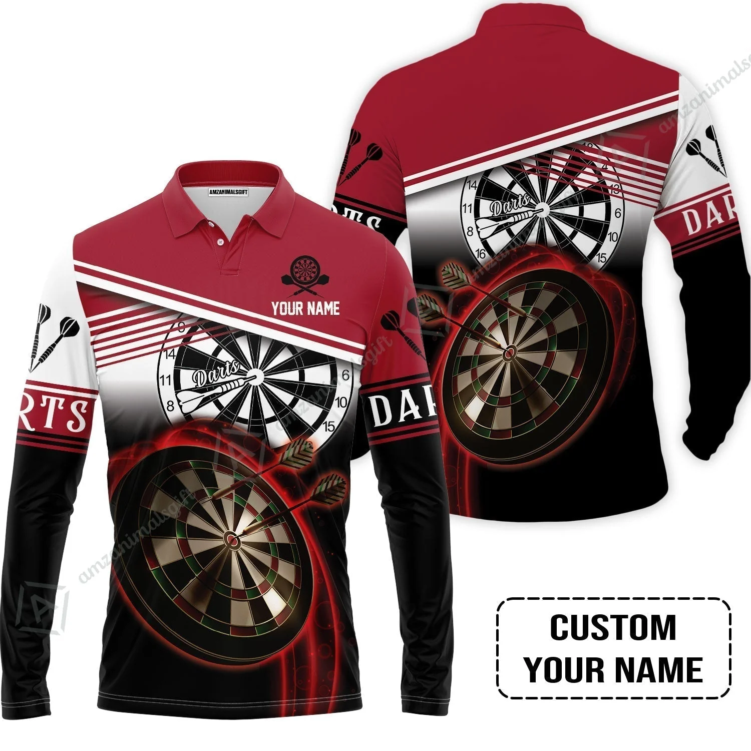 Personalised Darts Women Polo Shirt, Darts Red Black & White Background Custom Name Women Polo Shirt - Image 6