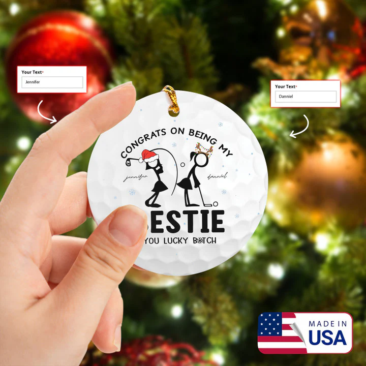 Personalized 2 Name Congrats On Being My Bestie Stickman Women Golf Ceramic Ornament - Best Gift For Golf Lovers, New Year, Christmas - Image 2
