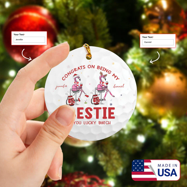 Personalized 2 Name Flamingo Congrats On Being My Bestie Golf Ceramic Ornament - Best Gift For Golf Lovers, New Year, Christmas - Image 2
