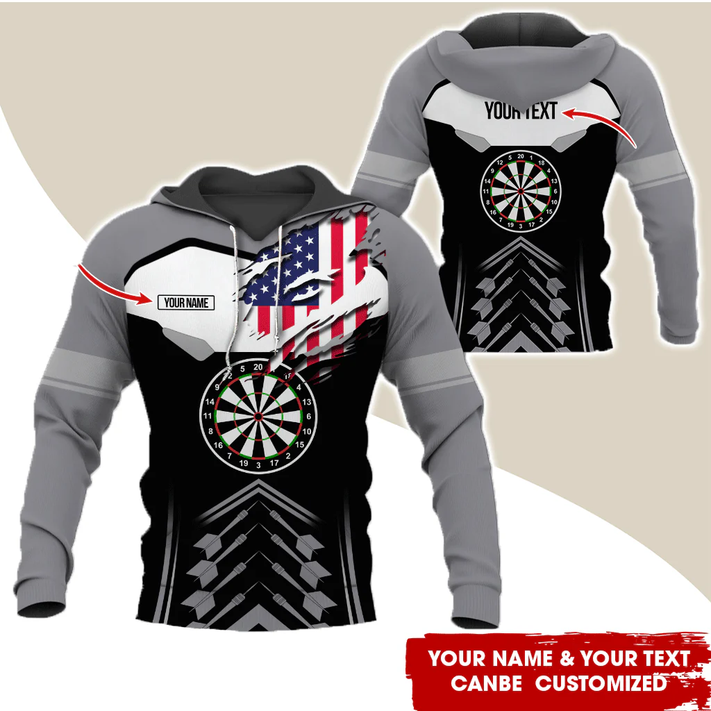 Personalized American Flag Darts Premium Hoodie, Customized Name & Text Darts Black & White Hoodie, Perfect Gift For Darts Lovers, Darts Player - Image 2
