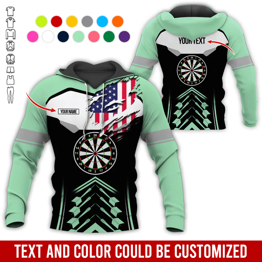 Personalized American Flag Darts Premium Hoodie, Customized Name & Text Darts Black & White Hoodie, Perfect Gift For Darts Lovers, Darts Player - Image 4