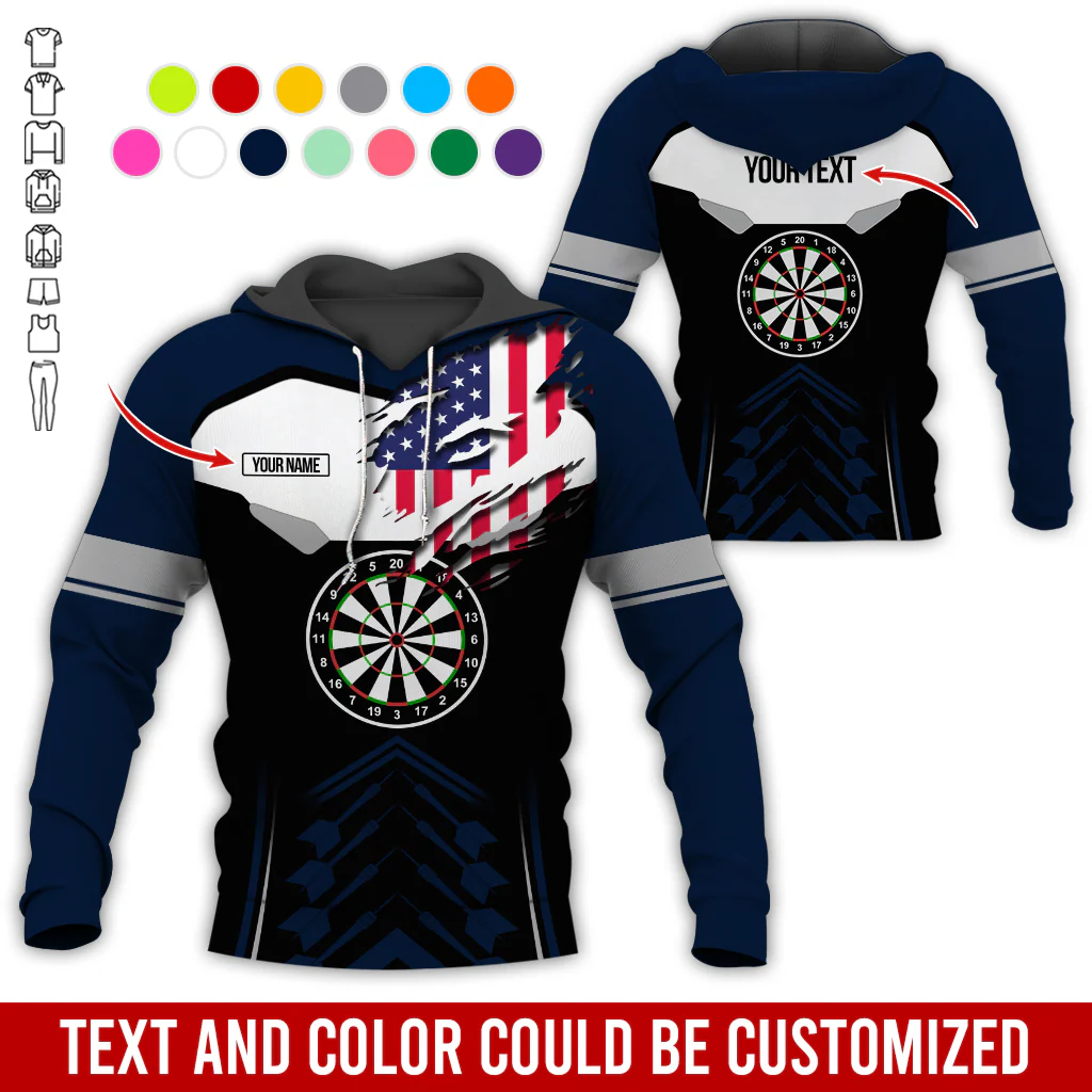 Personalized American Flag Darts Premium Hoodie, Customized Name & Text Darts Black & White Hoodie, Perfect Gift For Darts Lovers, Darts Player - Image 8