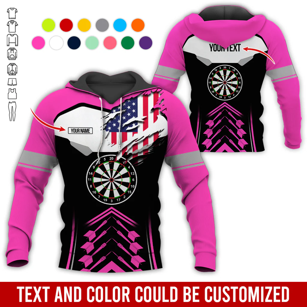 Personalized American Flag Darts Premium Hoodie, Customized Name & Text Darts Black & White Hoodie, Perfect Gift For Darts Lovers, Darts Player - Image 9